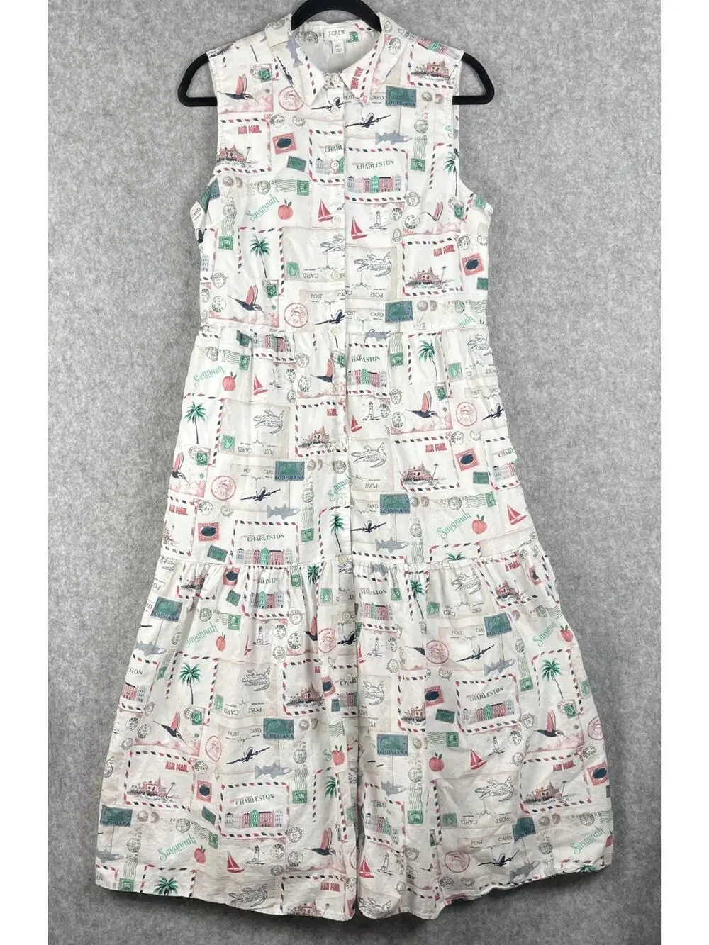 J Crew Map Print Dress‎ Womens 10 Sleeveless Button Front Tiered Midi Coastal
